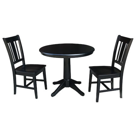 International Concepts Round 36 in Round Top Pedestal Table, with 2 San Remo Chairs, Black, 36 W, 36 L, 28.9 in H, Wood K46-36RT-27B-C10-2